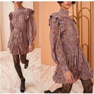 Ulla Johnson Luna 100% Silk Paisley Belted Mini Dress Goldenrod Purple Size 4